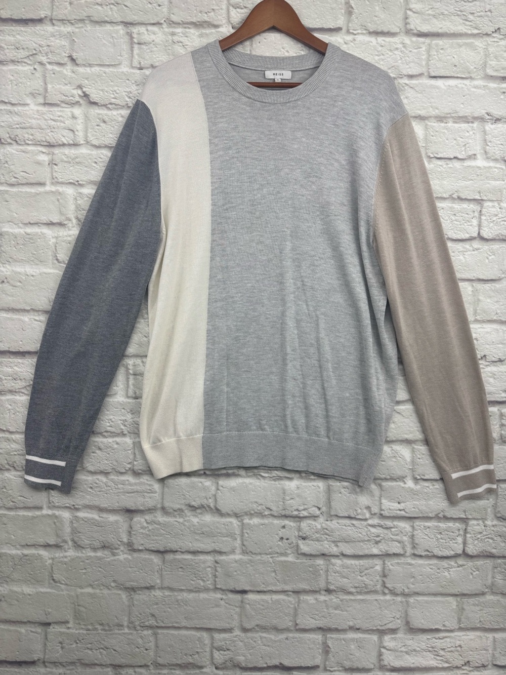 REISS Simmy Color Block Crewneck Sweater XL Gray Cream Taupe Minimalist Luxe
